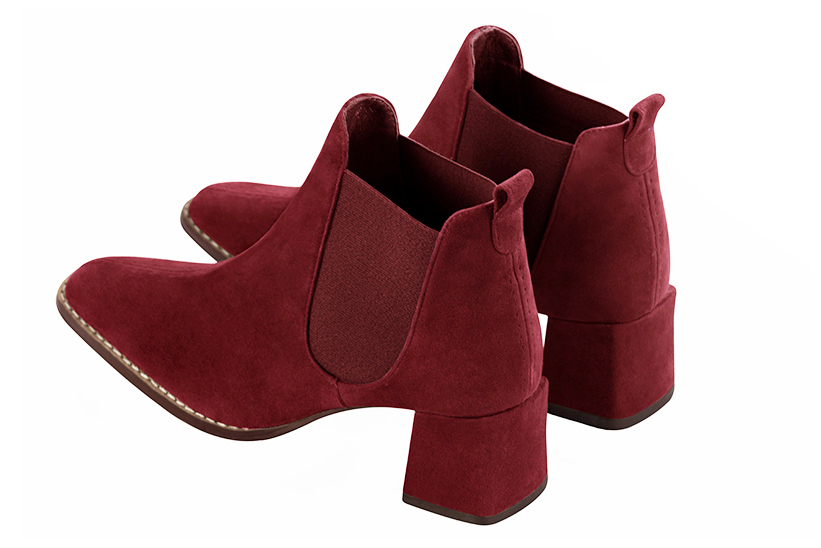 Burgundy red women's ankle boots, with elastics. Square toe. Medium block heels. Rear view - Florence KOOIJMAN